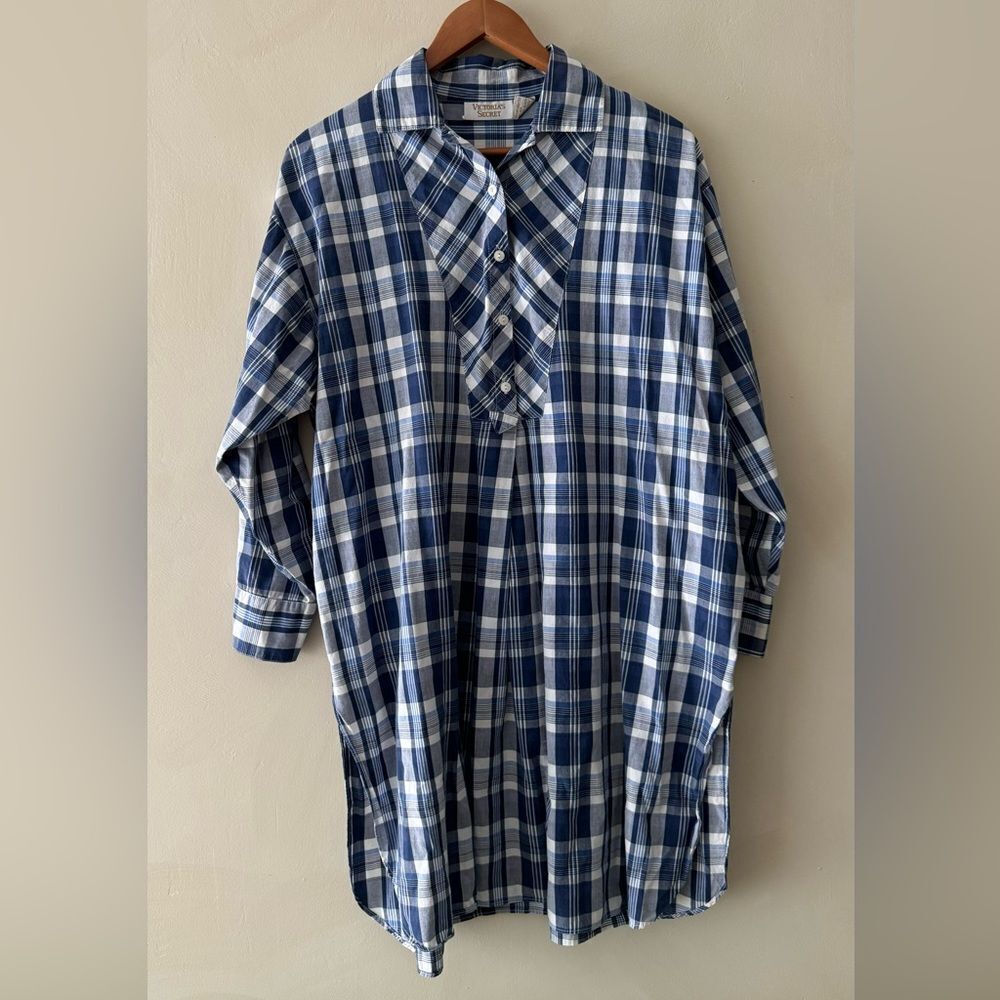 Victoria's Secret Pink Beige Plaid Print V-Neck Button Down Tunic Top Shirt Sz M - Picture 1 of 3